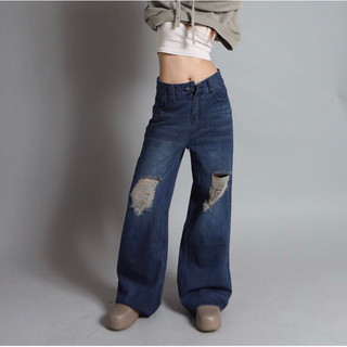 Quần jeans suông rộng rách - xanh ocean