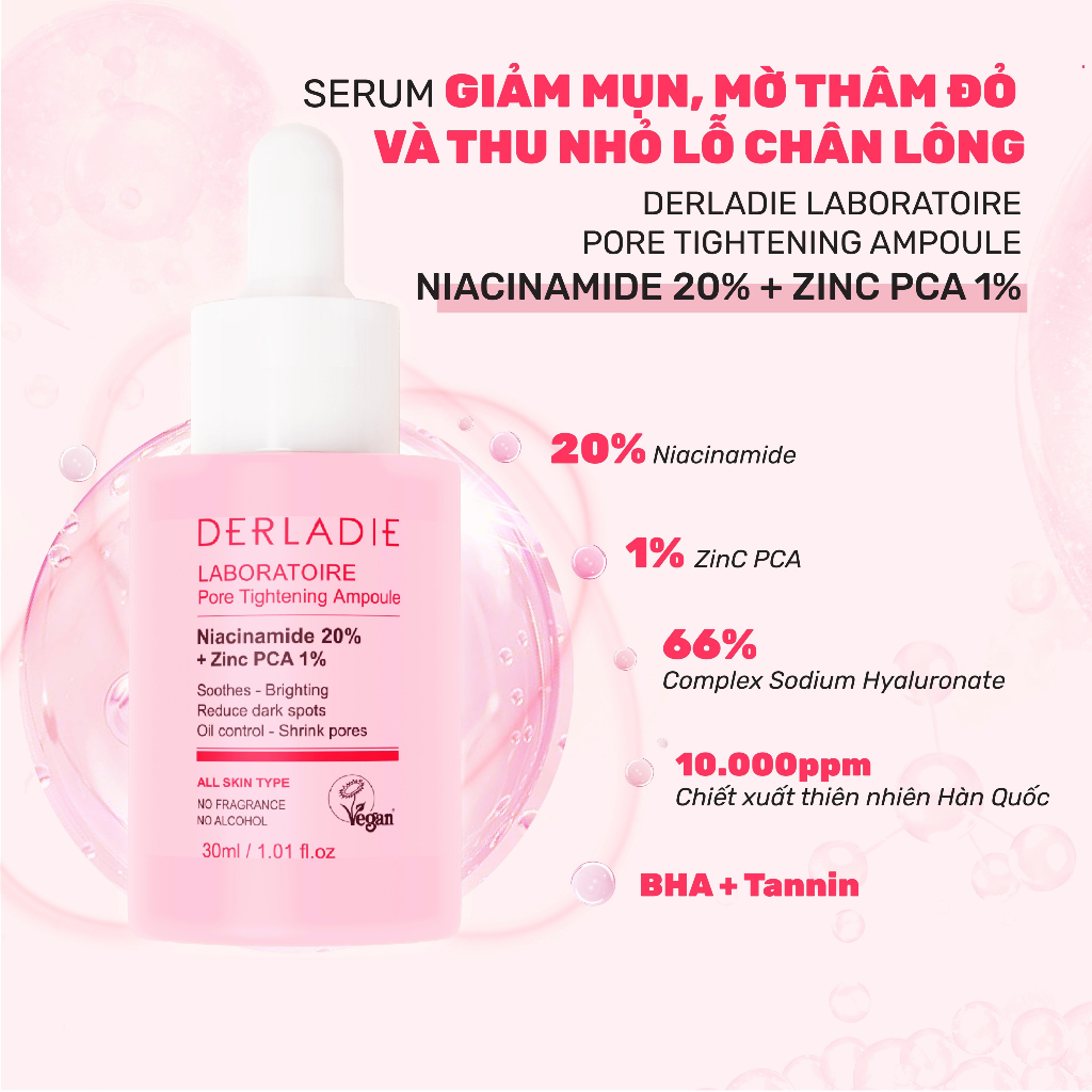 Serum Niacinamide 20% Giảm Mụn, Mờ Thâm Đỏ, Thu Nhỏ LCL Derladie Laboratoire Pore Tightening Ampoule 30ml