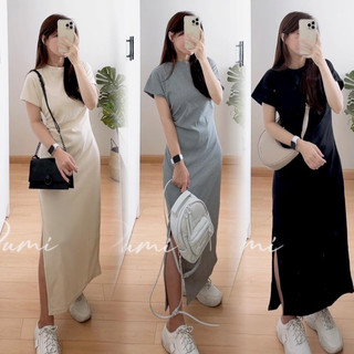 Đầm thun nhún eo 1 bên tay ngắn cánh dơi xẻ tà cổ tròn 4 màu freesize Pumi 14439