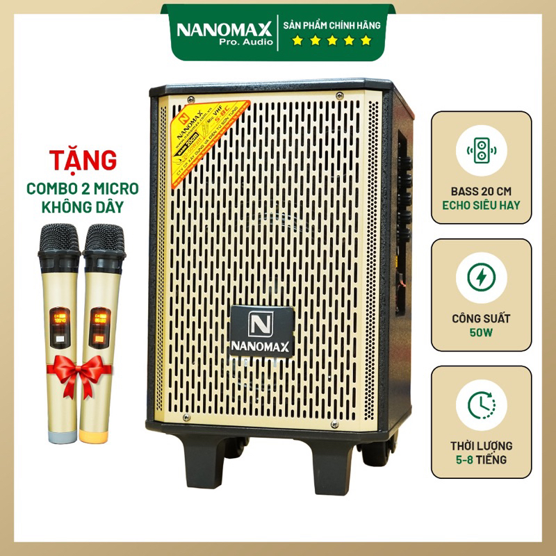 Loa kéo mini Nanomax S-8C bass 20cm karaoke Bluetooth 2 mic không dây S8c