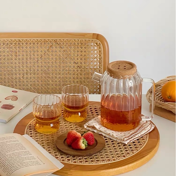 Set trà thủy tinh nắp bấc cúc dáng sọc vintage, xinh xắn. Bộ trà decor phòng khách và bàn ăn cho gia đình.