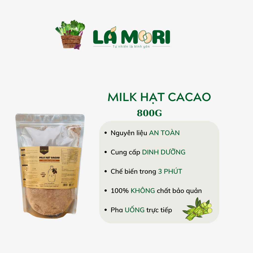 TÚI 800G Sữa hạt Uống Liền MILK CACAO cung cấp năng lượng và dinh dưỡng cho bé vị socola có đường thô - Lá Mori