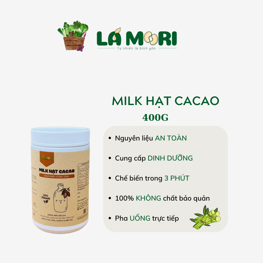HỘP 400G sữa hạt MILK CACAO pha sẵn thiên nhiên sử dụng đường thô bổ sung dinh dưỡng cho bé - Lá Mori