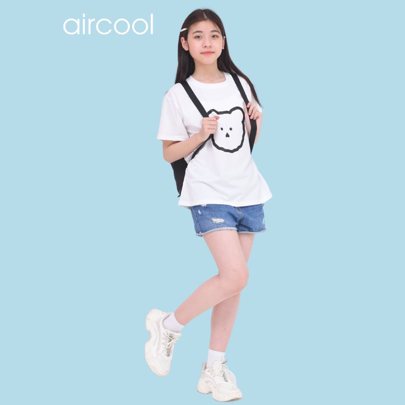 Áo Phông Cộc Tay Cho Bé Gái 6-16 Tuổi Hình Mặt Gấu Vải Cotton Aircool