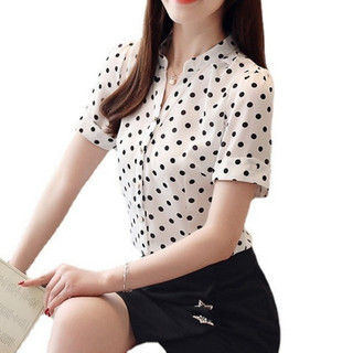 Áo Sơ Mi Nữ Ngắn Tay Cổ Trụ Phối Họa Tiết Chấm Bi Tay Đính Cúc ELVIN FASHION Chất Vải Kate Đẹp Thời Trang Nữ Cao Cấp