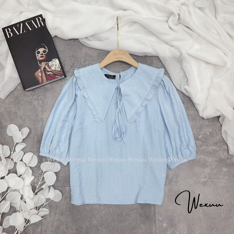 Áo Sơ Mi nữ cổ bèo bản to phối nơ WEXUU chất đũi sợi mềm mát, thiết kế tay lỡ bo chun phong cách tiểu thư - SP49