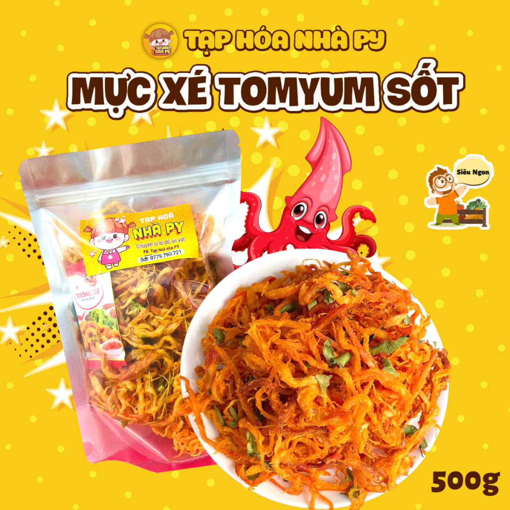 Mực Xé Sợi Tomyum Sốt Siêu Ngon 500g - Mực xé vị lẩu cay lá chanh đồ ăn vặt thơm ngon đậm vị