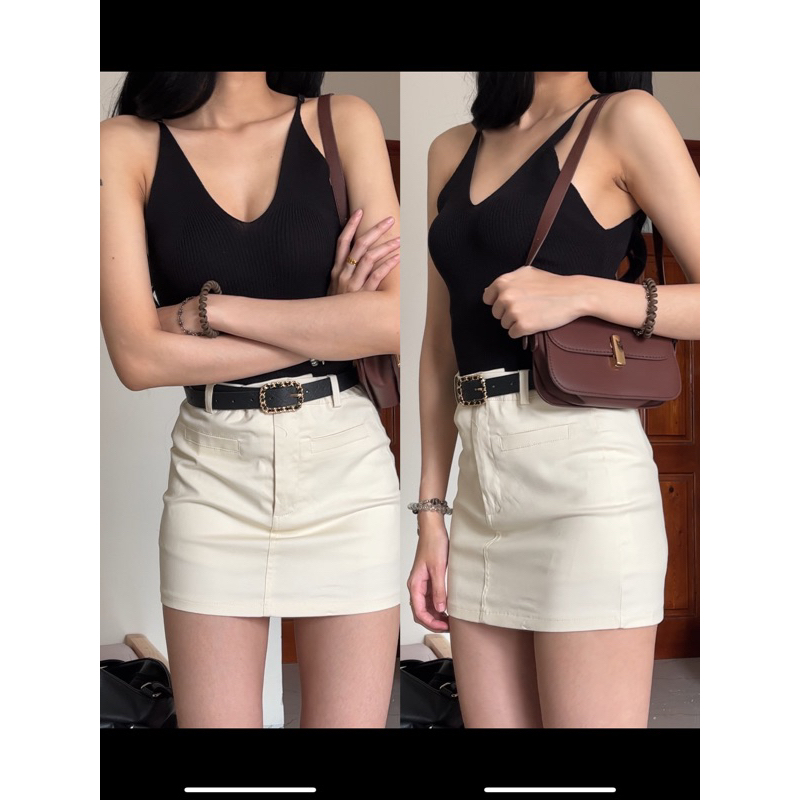 Set áo hai dây len và chân váy kaki mỏng chất mát