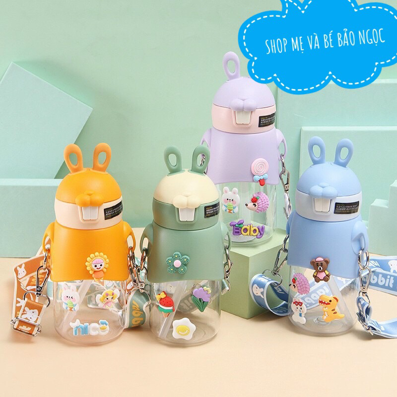 Bình nước cho bé, bình nước cute hình thỏ kèm sticker dùng làm bình nước cho bé đi học