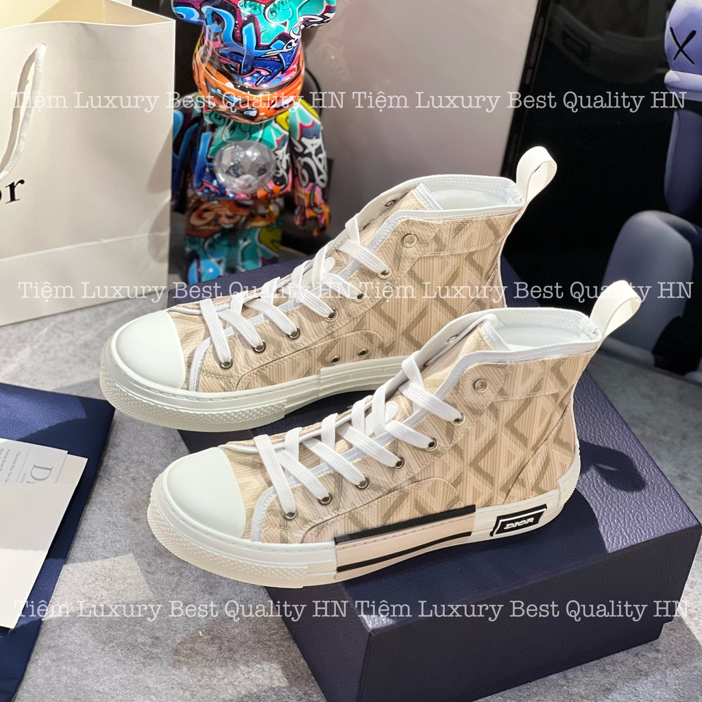 Giày Thể Thao Nam Nữ Cổ Cao Dior Vàng B23 High-Top Sneaker Natural CD Diamond Canvas White Gold