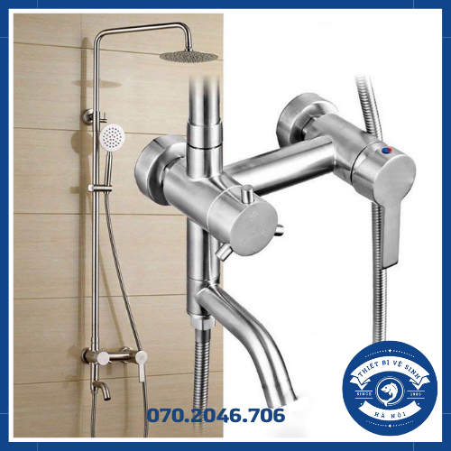 Bộ sen cây tắm đứng nóng lạnh màu trắng mờ có bát Sen Tròn Inox 304 - Hàng loại 1 mã BSC004