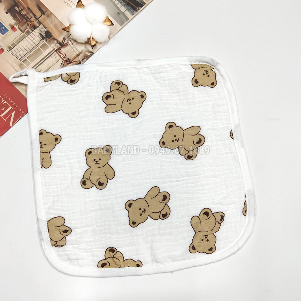 Khăn mặt cho bé vải xô muslin mềm mại, size 25cm x 25cm có móc treo, khăn xô sữa cao cấp 4 lớp cho bé thấm hút tốt