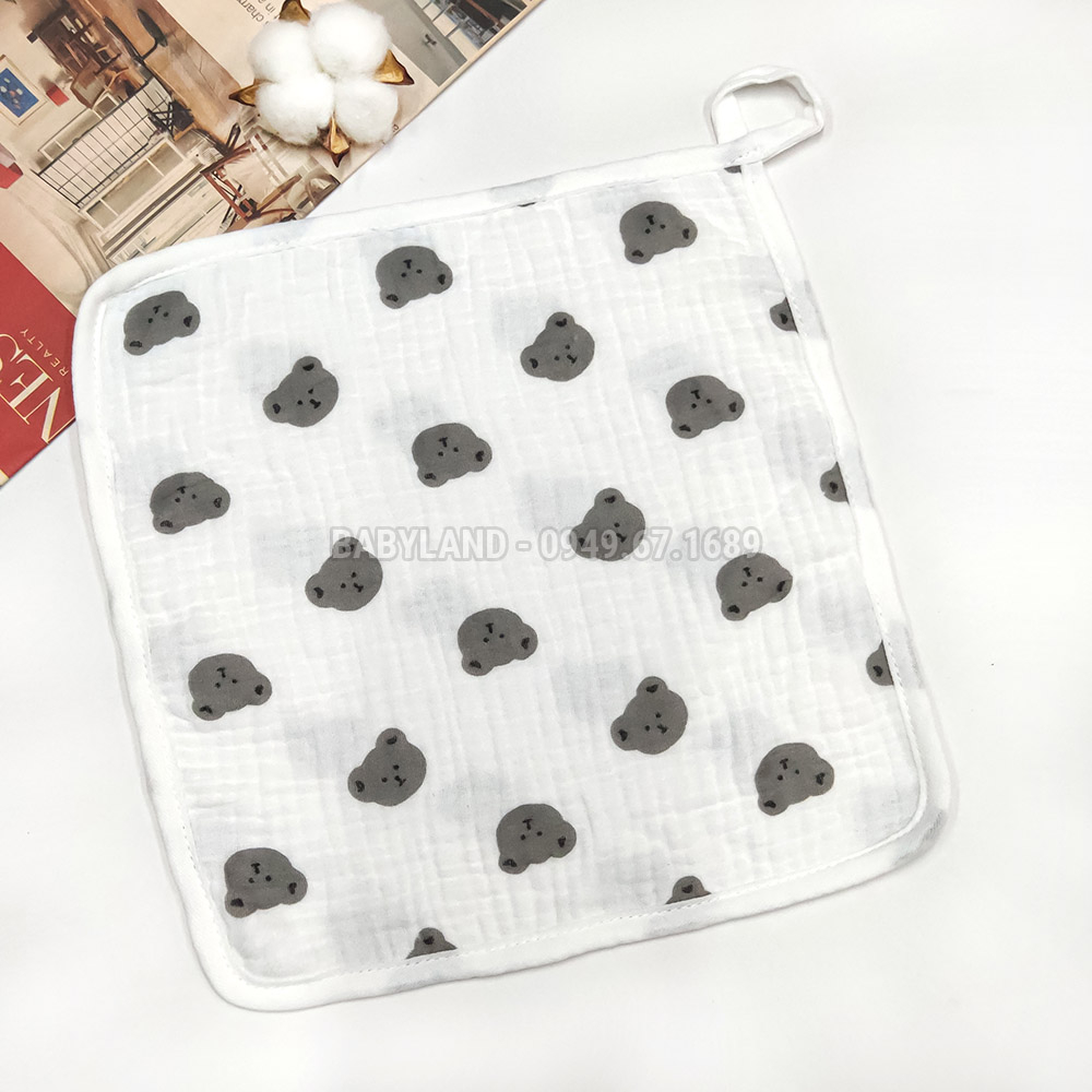 Khăn mặt cho bé vải xô muslin mềm mại, size 25cm x 25cm có móc treo, khăn xô sữa cao cấp 4 lớp cho bé thấm hút tốt