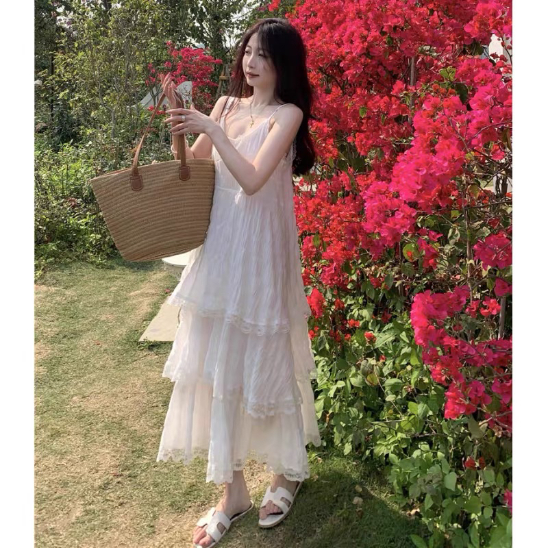Đầm Maxi Ren Ba Tầng Hai Dây Xoè Dễ Thương Phong Cách Công Chúa Dành Cho Nữ