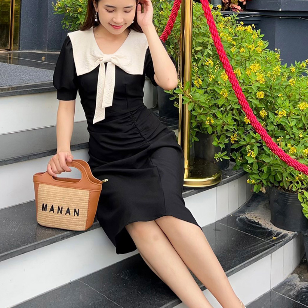 Đầm tay phồng cổ nơ nhún tùng BEMINE MT6568