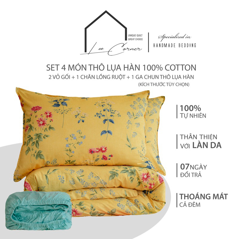 Bộ Chăn ga gối 4 món Cotton LEE CORNER hoạ tiết vàng hoa hồng, Thô lụa Hàn cao cấp, chăn ga mùa hè đủ size