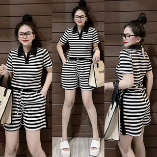 Sét đồ bộ nữ bộ đùi sọc áo cổ bẻ phối viền đen quần đùi