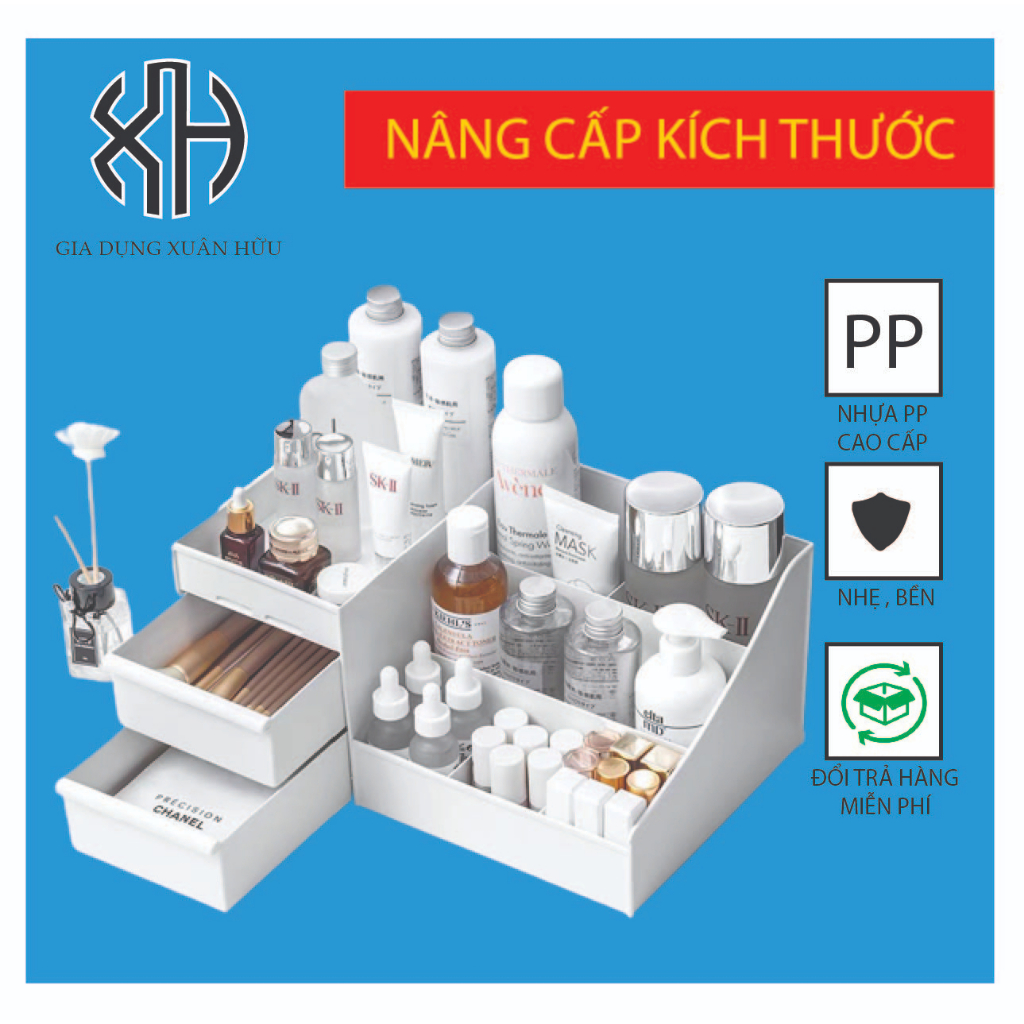 Kệ mỹ phẩm đựng đồ trang điểm 3 tầng 2 ngăn kéo đa năng tiện ích