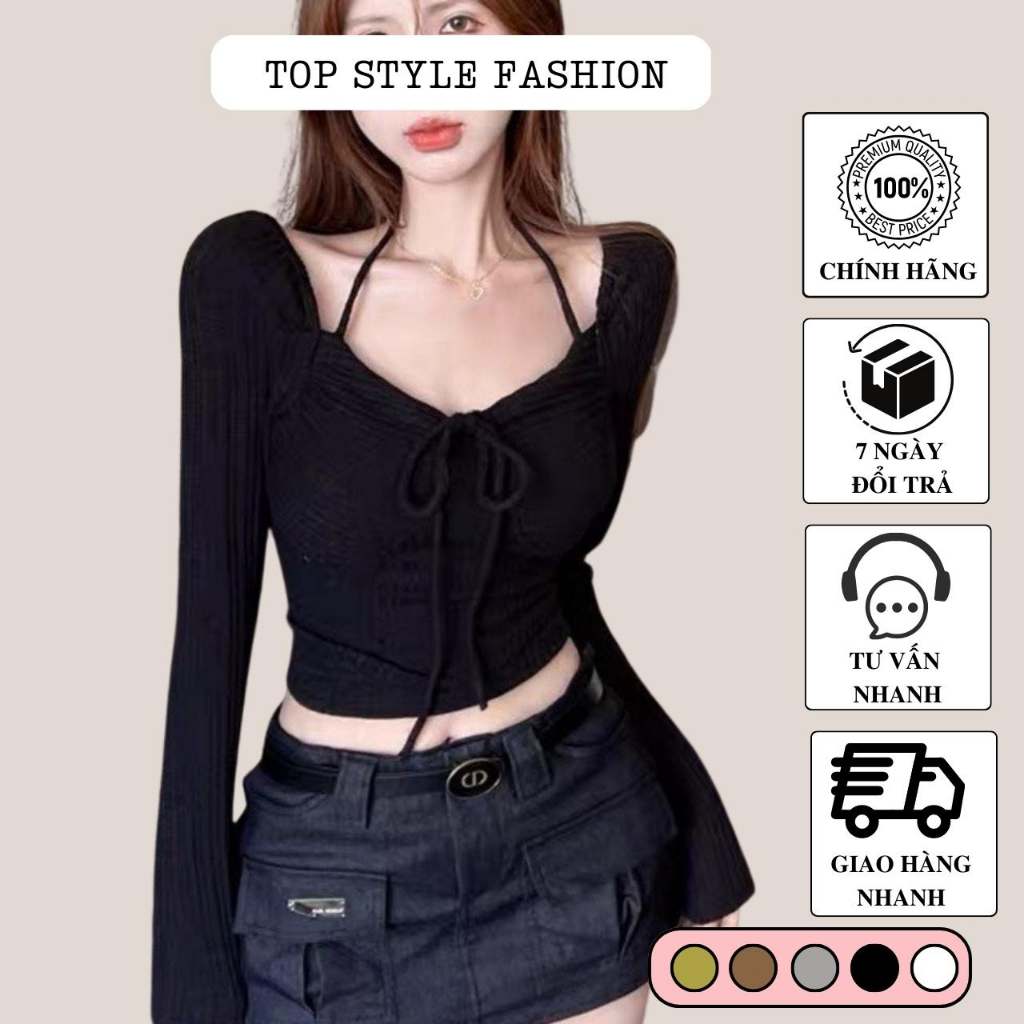 Áo croptop dài tay cổ phối yếm kèm thắt nơ gợi cảm, áo kiểu nữ ôm body siêu tôn dáng-A77
