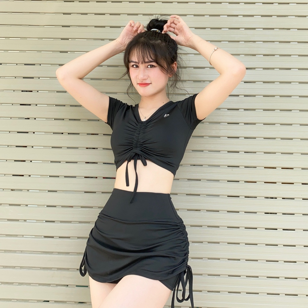 Bộ tập gym yoga aerobic nữ, bộ tập thể thao nữ chất đẹp áo cộc tay rút dây kết hợp chân váy 2 lớp( Set váy áo rút V03)