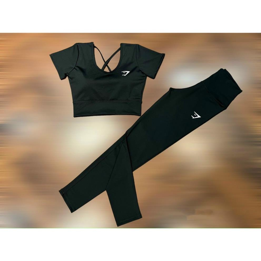 Bộ tập gym yoga aerobic nữ, bộ tập thể thao nữ chất đẹp áo cộc tay dây chéo hở lưng quần dài kèm mút - D16/BH