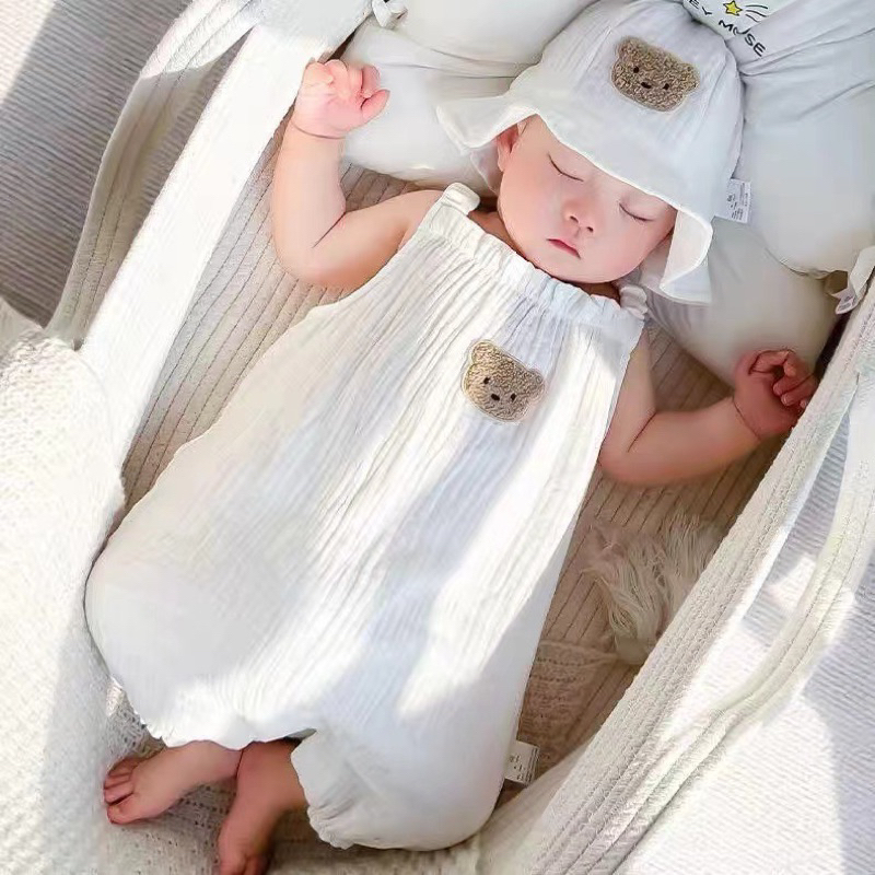 Bộ body 2 dây hình con gấu kèm mũ dễ thương cho bé 3-14kg