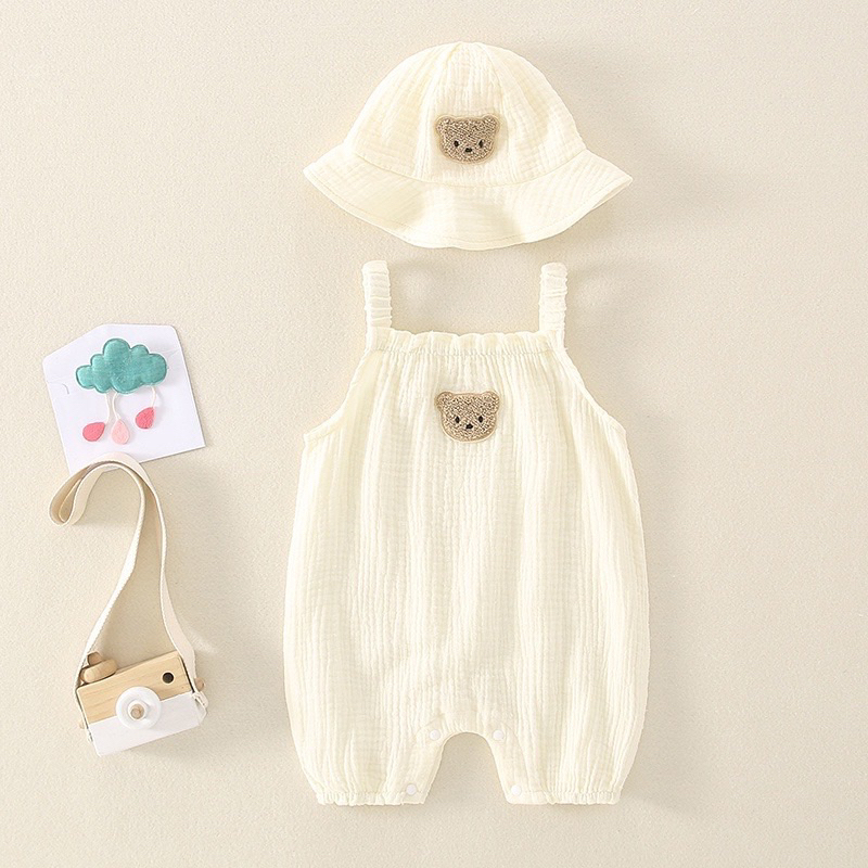 Bộ body 2 dây hình con gấu kèm mũ dễ thương cho bé 3-14kg