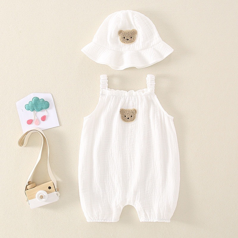 Bộ body 2 dây hình con gấu kèm mũ dễ thương cho bé 3-14kg