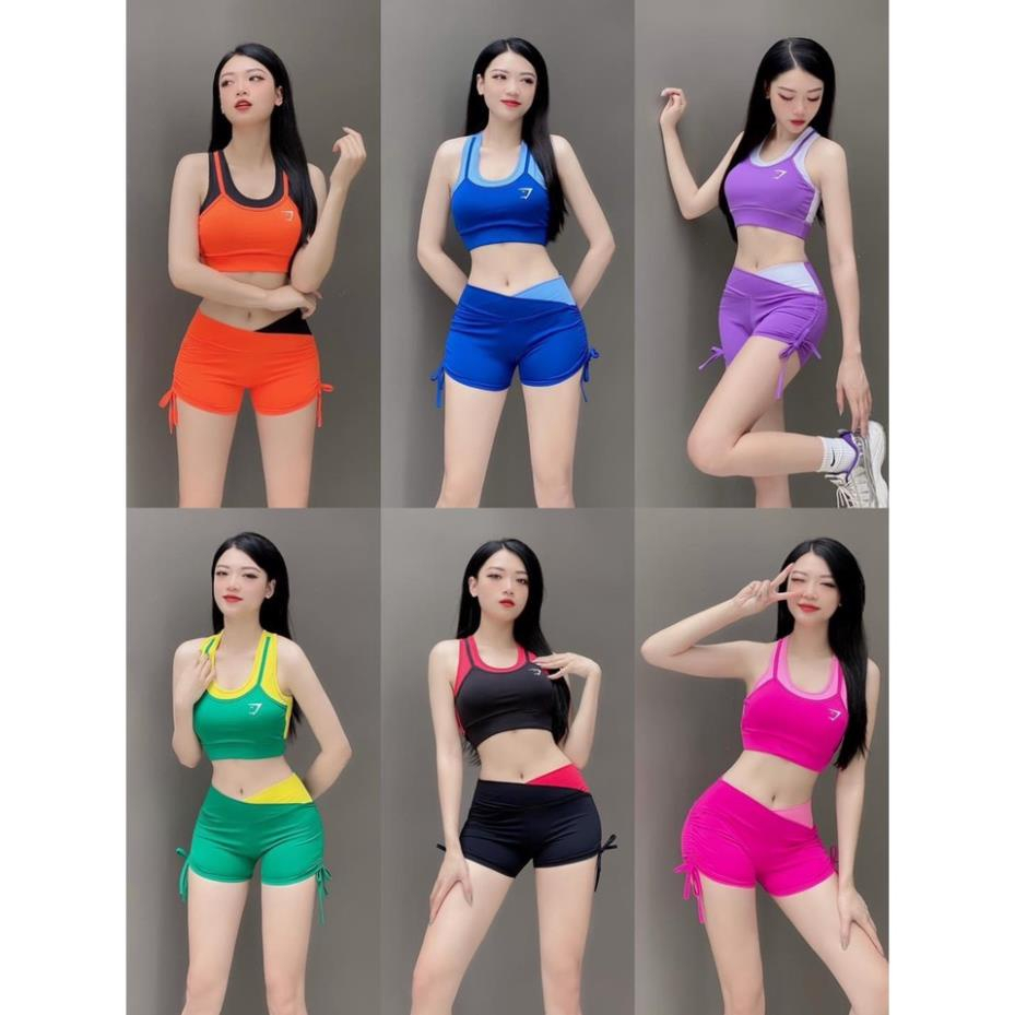 Đồ tập gym nữ bộ tập gym yoga erobic nữ áo bra quần sooc rút dây cạp chéo phối màu( bộ đùi phối màu)