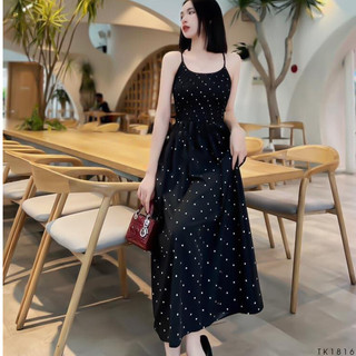 Đầm hai dây dáng dài họa tiết chấm bi xinh xắn cut out lưng sexy