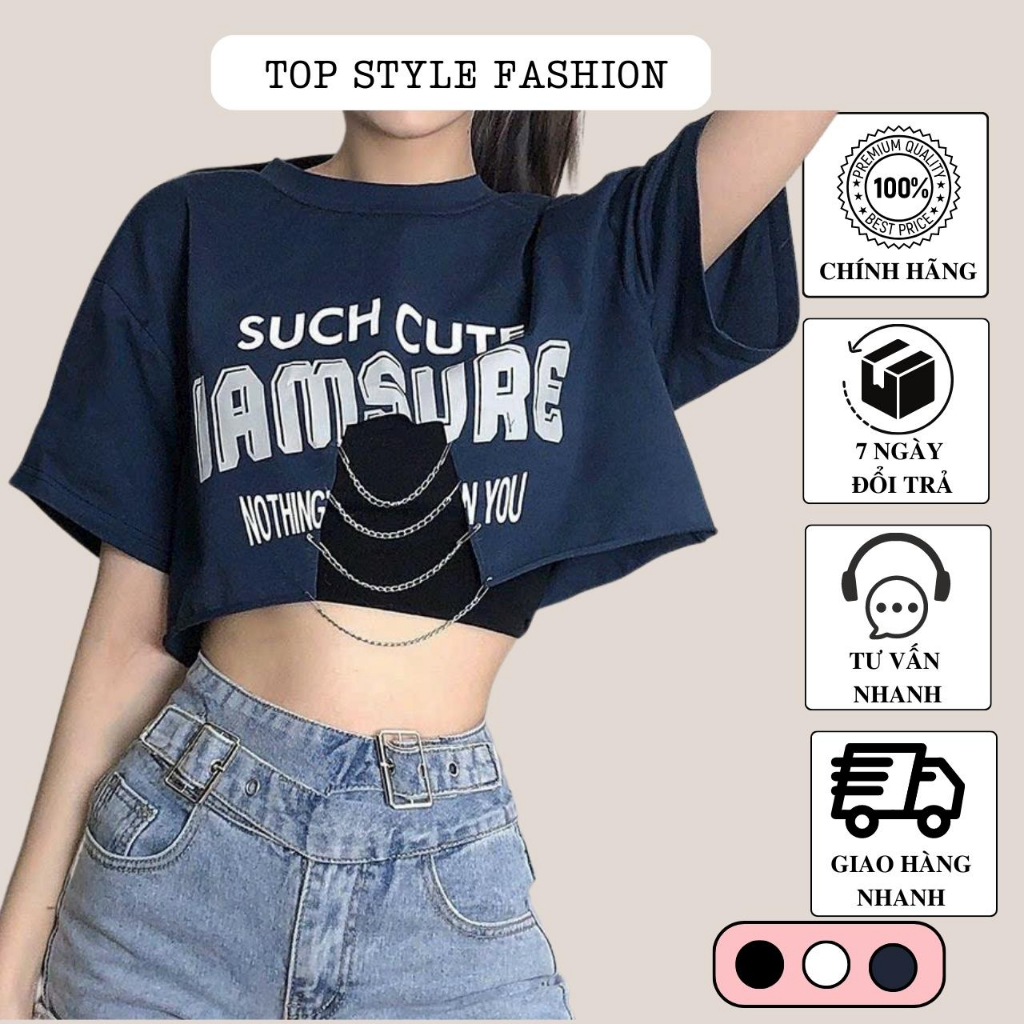 Áo croptop ngắn tay cổ tròn in chữ lớn tôn dáng, áo kiểu nữ khoét lỗ phối xích gợi cảm-A81