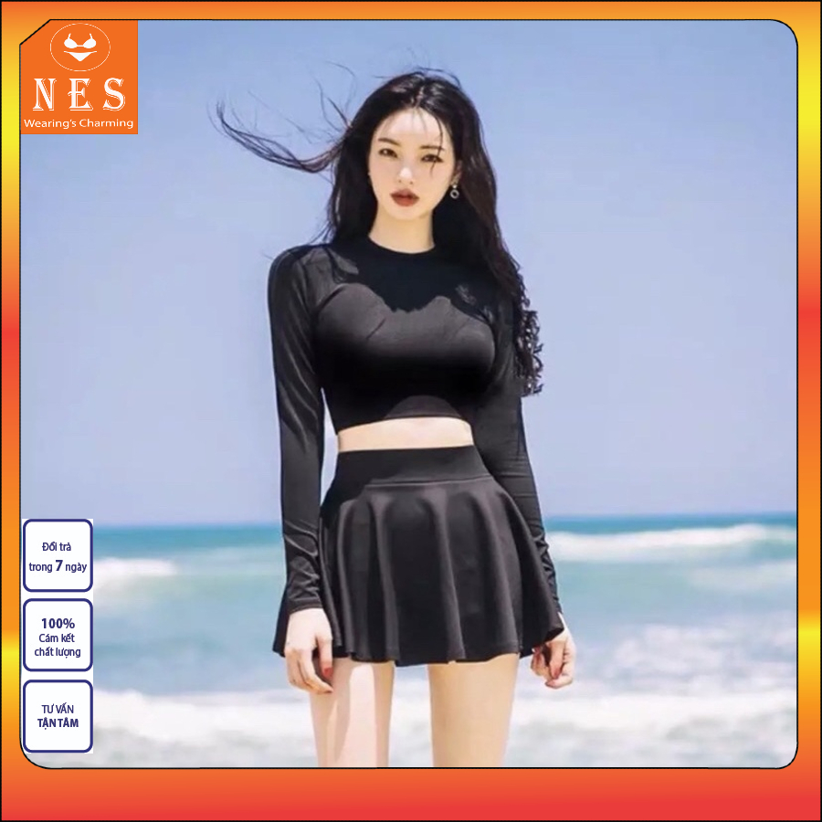 Bikini đi biển, đồ bơi nữ tay dài hai mảnh sét váy crop-top mix, đồ học bơi, áo tắm biển, đồ bơi nữ Nes CRT01