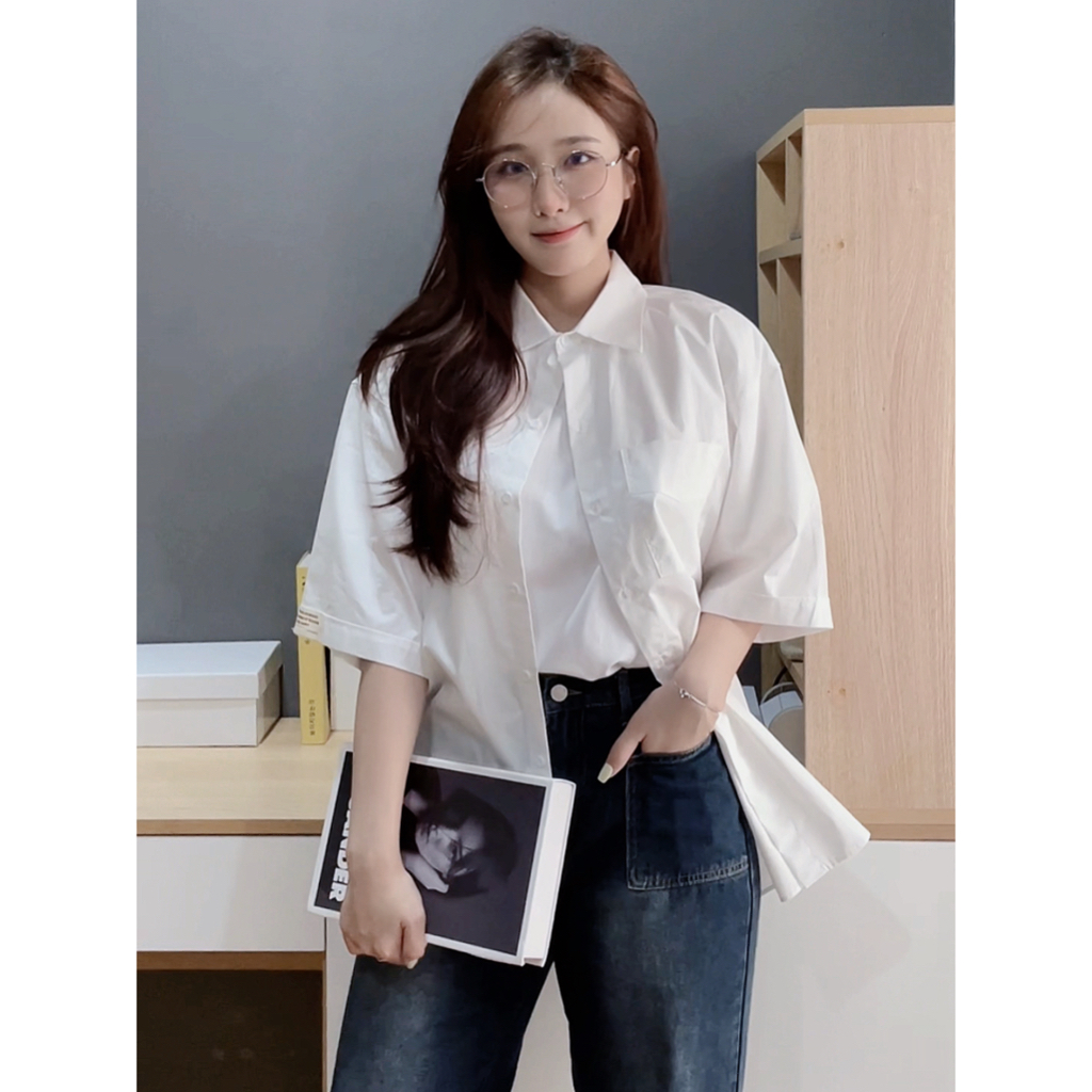 Áo sơ mi Tay ngắn Trắng Be Xanh bơ Form rộng Eunjoo Shirt Thiết kế Homnaylathu5