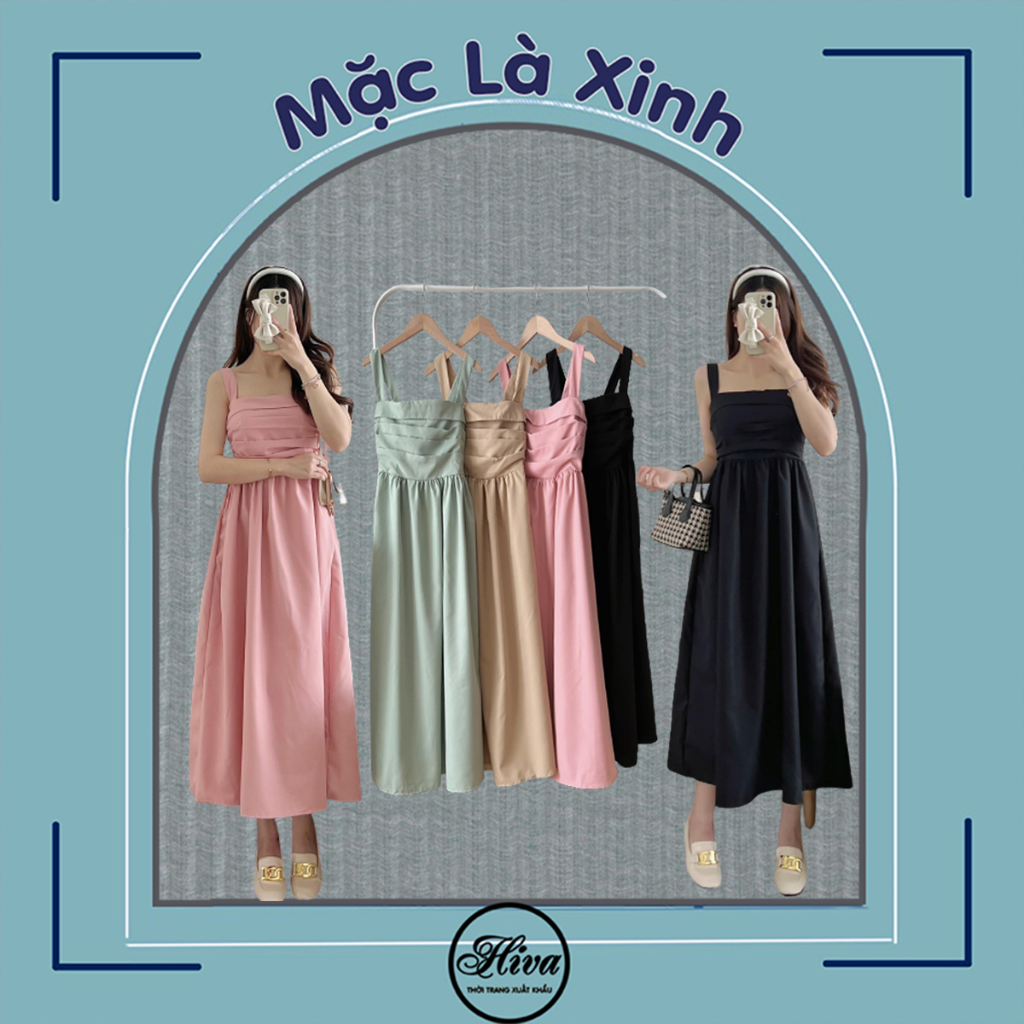 Váy 2 dây thiết kế body xếp ly ngực dáng dài ulzzang bản to , Đầm nữ dự tiệc đi biển du lịch mùa hè mẫu mới