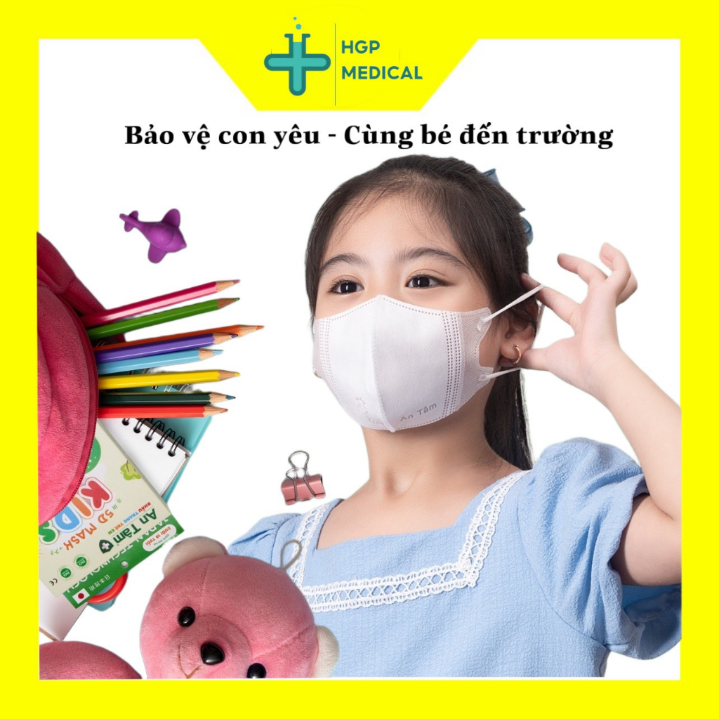 Thùng mini 100 cái khẩu trang 5D trẻ em An Tâm, thoải mái, đễ thở, vải kháng khuẩn, BYT cấp phép luu hành
