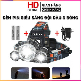 Đèn pin đội đầu siêu sáng, đèn đội đầu 3 bóng led t6 siêu sáng kèm 2 pin và sạc, chống nước