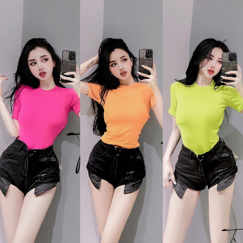 Áo Thun Trơn Croptop Tay Ngắn Cổ Tròn Đủ 9 Màu