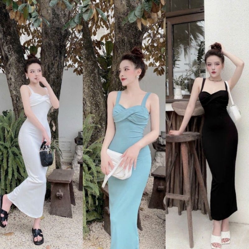 Đầm Hai Dây Bản To Xoắn Nơ Ngực Đắp Chéo - Có Mút - Dáng Dài Maxi Ôm Body Sexy - Tiểu Thư Bánh Bèo Cute Sang Chảnh