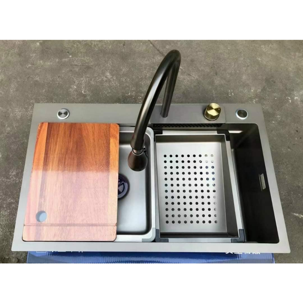 Chậu Rửa Bát 1 Hố Lớn Inox SUS304 Mạ Nano Có Vòi Rút, Thác, Bồn Rửa Chén 1 Ngăn Lớn Có Vòi Rút, Thác Xả Ngang, 75x46 cm
