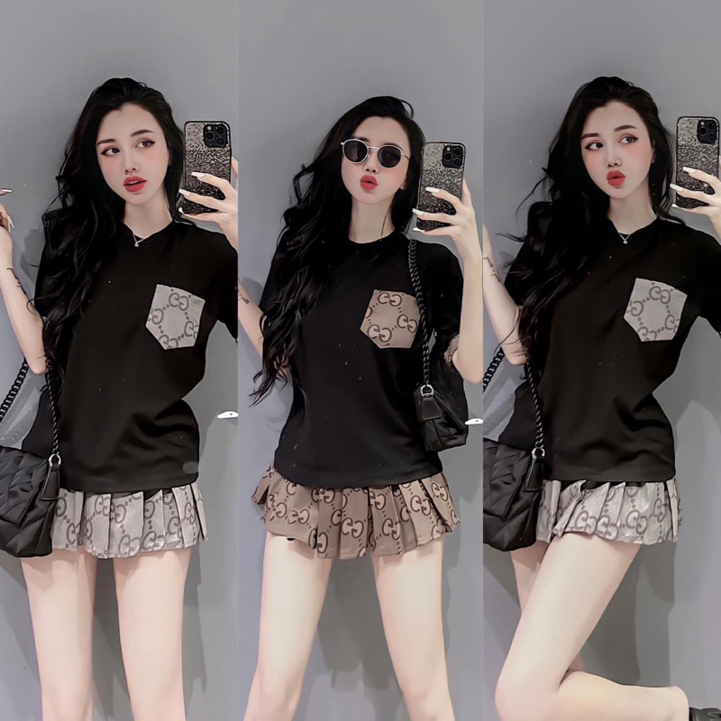 Set Bộ Áo Phông GG Túi Vuông Tay Ngắn + Váy kaki chằn hoạ tiết Xếp Ly Có Lót Quần