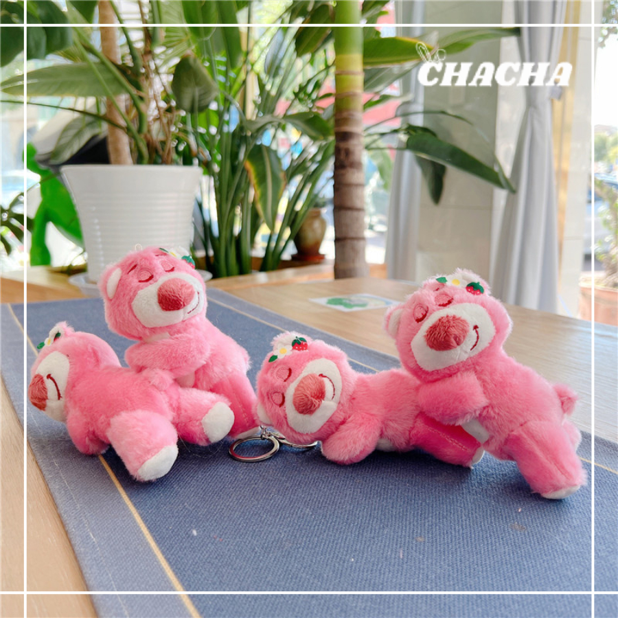 Móc khóa hình Gấu dâu tây ngủ cute nhồi bông treo balo túi xách siêu dễ thương Chacha Sweet