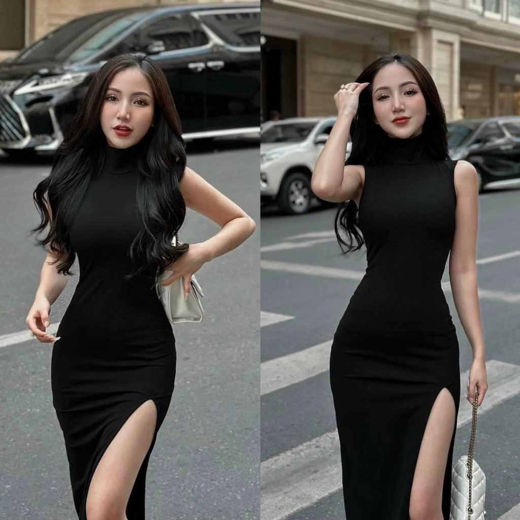 Đầm váy nữ thun gân cổ tròn ôm body xẻ tà dài cực kì tôn dáng cùng tone đen sang chảnh, phù hợp đi tiệc, sự kiện