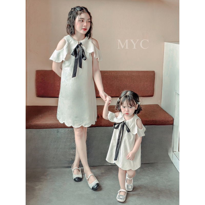 Váy đôi mẹ và bé MYC, váy suông thắt nơ Hàng thiết kế cao cấp 2 lớp Chất liệu chéo kim Nhật