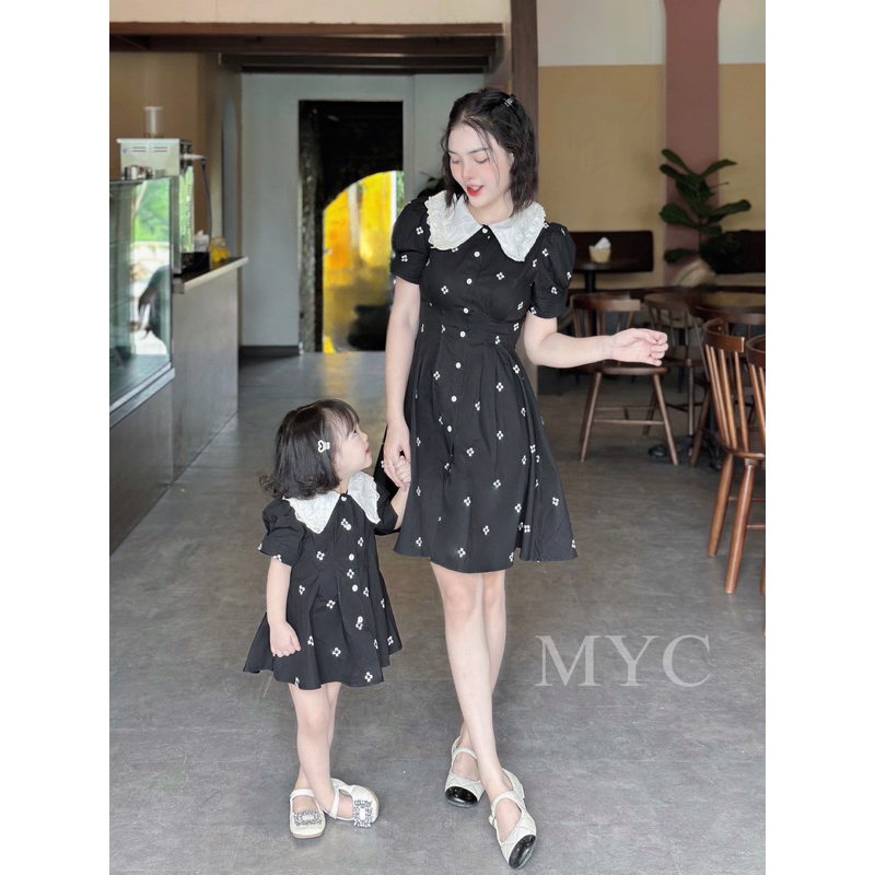 Váy đôi mẹ và bé MYC, váy chữ A thiết kế cổ ren kiểu pháp,ống tay dáng nụ hoa