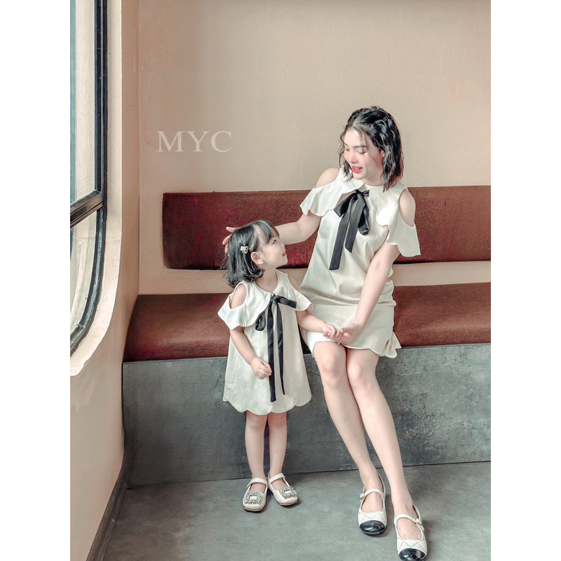 Váy đôi mẹ và bé MYC, váy suông thắt nơ Hàng thiết kế cao cấp 2 lớp Chất liệu chéo kim Nhật