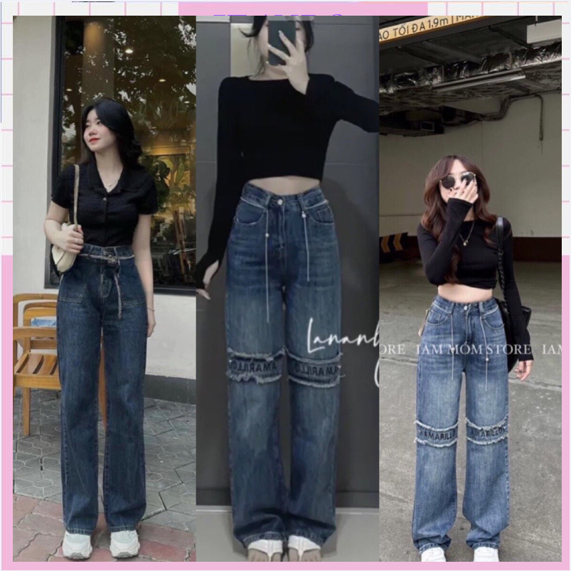 Quần bò jean ống rộng suông xuông nữ jeans cạp cao kèm xích thêu gối phong cách Hàn Quốc 2023 | BigBuy360 - bigbuy360.vn
