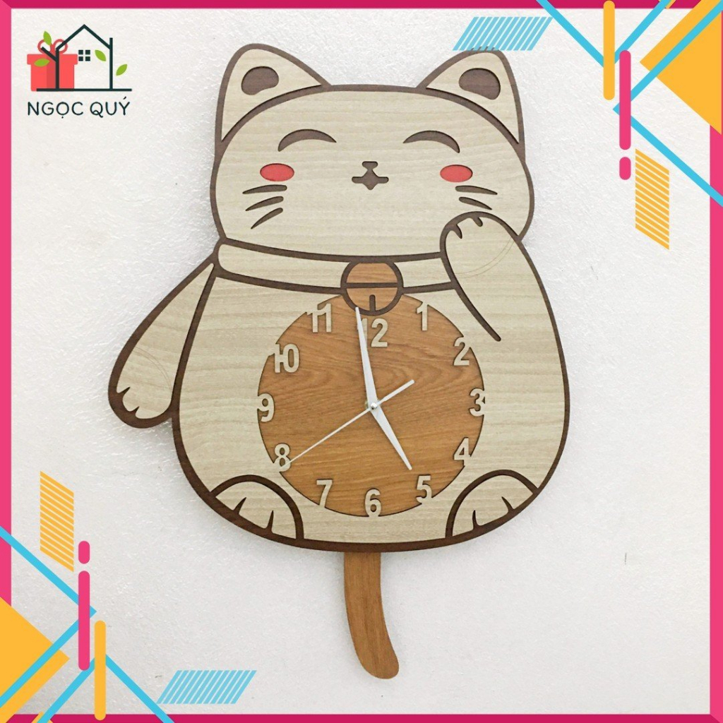 Đồng Hồ Mèo Bằng Gỗ, Đồng Hồ Treo Tường Handmade