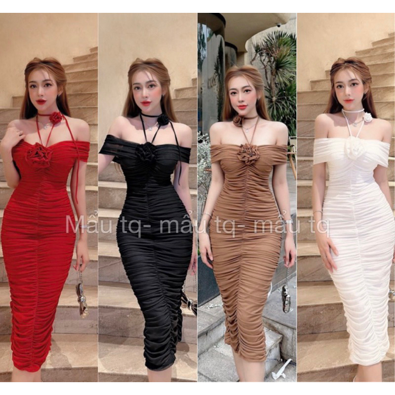Đầm nữ dáng body đính hoa trễ vai chất lưới co giãn tôn dáng