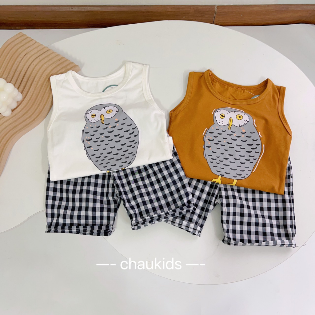 Quần áo bé trai, set bộ ba lỗ áo cotton hình con cú + quần caro chất thô mềm cho bé SB040