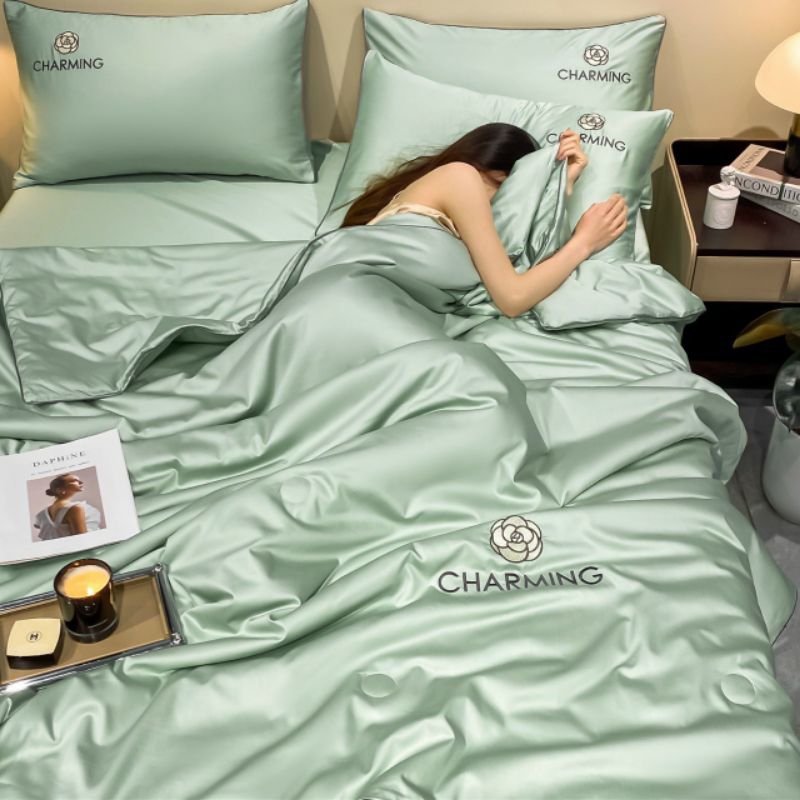 Bộ chăn ga gối phi lụa chăn trần thương hiệu tặng kèm 01 vỏ gối ôm hàng nhập khẩu loại 1cao cấp mềm mịn thoáng mát